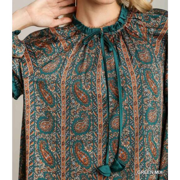 Umgee Satin Midi Dress Colorful Paisley Print Tiered Short Sleeve